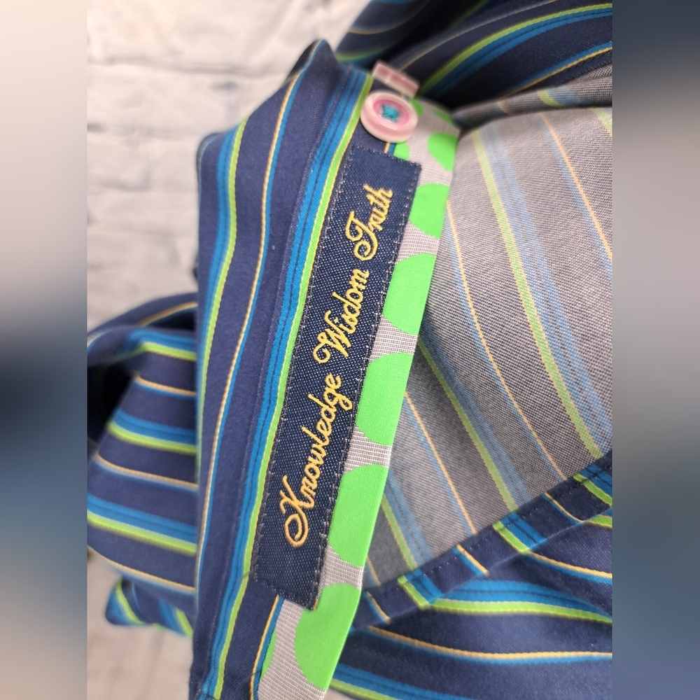 Robert Graham Mens Button Down Shirt Green Blue Striped Flip Cuff Classic Fit XL - Picture 14 of 16